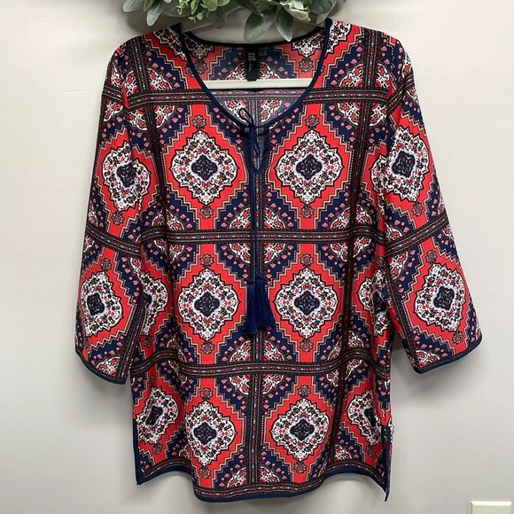KUT From The Kloth Boho Print Tunic Tassel Keyhole 3/4 Sleeve Top M - Picture 1 of 16